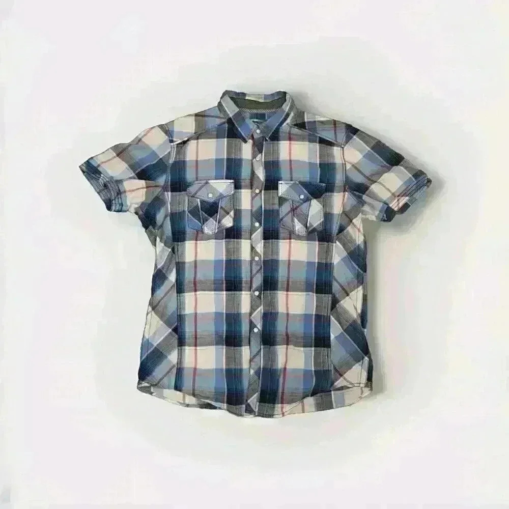 BKE: Standard Fit Pearl Snap  Short Sleeve Plaid Cotton Button Down: MEN'S LARGE